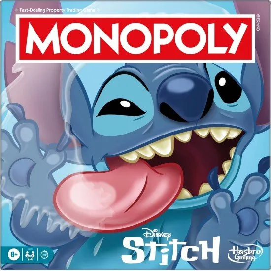 The box art for the Monopoly Disney Stitch Edition board game, showing Stitch and other characters on the themed game board with custom tokens.