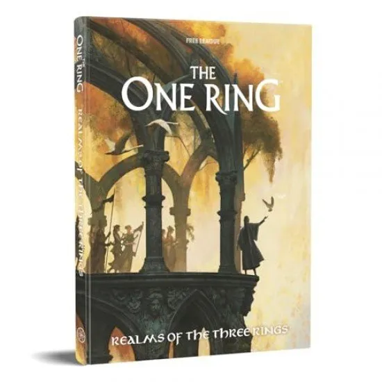 The cover of the hardback RPG supplement, The One Ring: Realms of the Three Rings, featuring intricate illustrations of elves and elven realms.