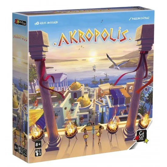 The box art for the Akropolis board game, showing a stylized ancient Greek city with stacked, multi-level tiles representing different city districts.