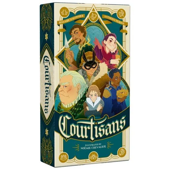 The box art for the Courtisans card game, showing stylized characters in 18th-century noble attire in a palace hall, with cards and an ornate table.