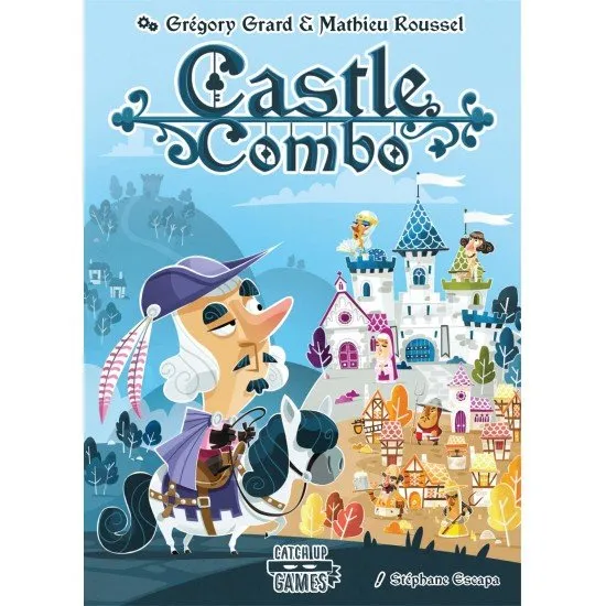 The box art for the Castle Combo board game, showing character cards arranged in a 3x3 grid, along with coins, keys, and other game components.