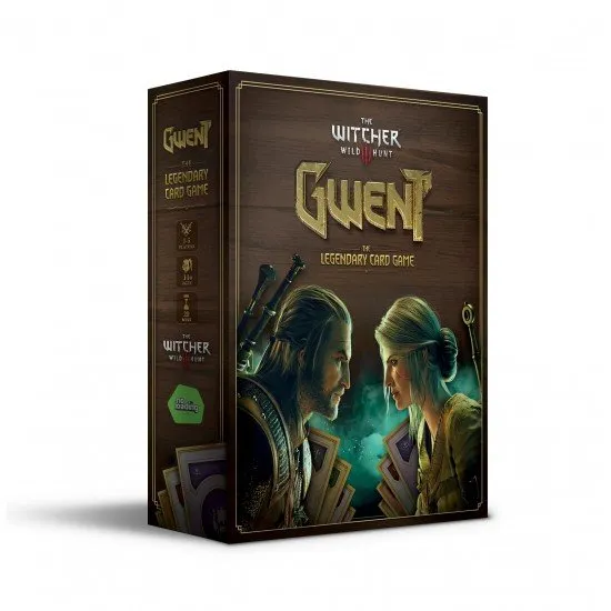 The box art for Gwent: The Legendary Card Game, showing iconic Witcher characters and the symbols for the five factions, including Northern Realms and Monsters.