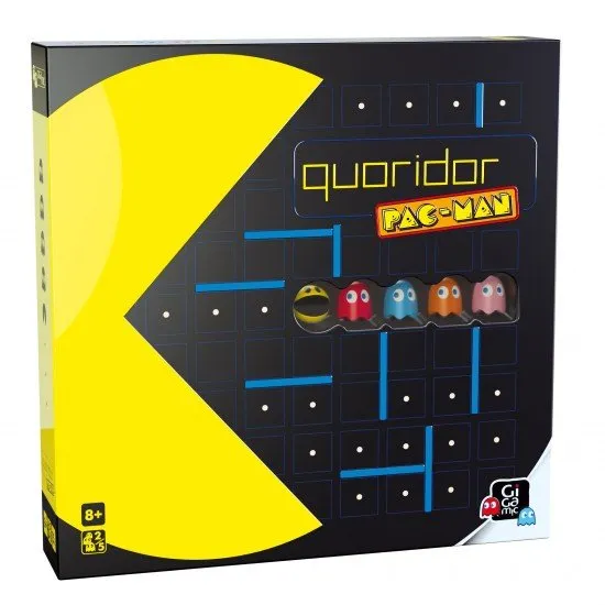 The box art for the Quoridor: PAC-MAN board game, showing wooden pawns of PAC-MAN and the ghosts on a wooden maze board.