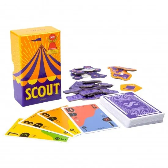 The box art for the Scout card game, showing a clown and circus performers with the game's title in a stylized font. The small, square box is visible.