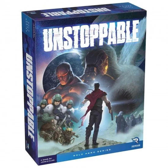 The box art for the Unstoppable card game, showing a lone hero standing against a futuristic, dangerous landscape.