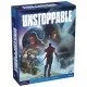 The box art for the Unstoppable card game, showing a lone hero standing against a futuristic, dangerous landscape.