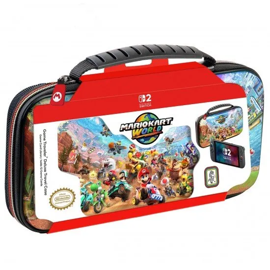 A hard-shell travel case for the Nintendo Switch, featuring a bright and colorful Mario Kart World theme. The case is shown open, revealing slots for game cards and an inner compartment for the console.
