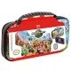 A hard-shell travel case for the Nintendo Switch, featuring a bright and colorful Mario Kart World theme. The case is shown open, revealing slots for game cards and an inner compartment for the console.