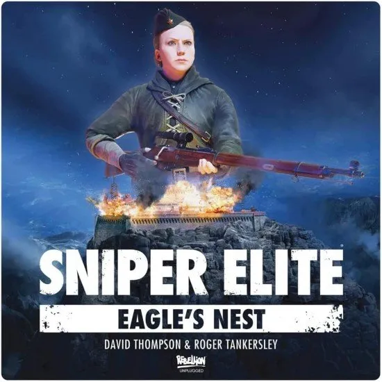 The box art for the Sniper Elite: Eagle's Nest Expansion, showing a sniper in a snowy environment with the new characters and the titular Eagle's Nest in the background.