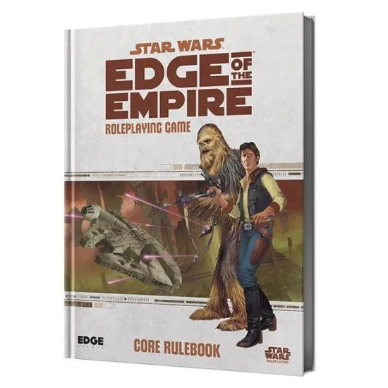 The cover of the Star Wars Edge of the Empire RPG: Core Rulebook, featuring a Star Wars starship and various characters in a gritty, stylized art style.