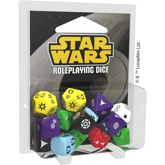 A set of fourteen Star Wars-themed roleplaying dice in various colors, each with unique symbols, from the Edge of the Empire RPG system.