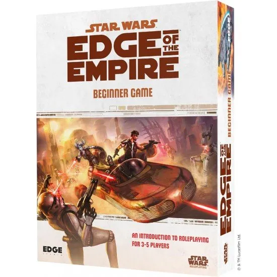 The box art for the Star Wars Edge of the Empire RPG Beginner Game, showing a group of heroes on the run from an Imperial Star Destroyer in a gritty, stylized art style.