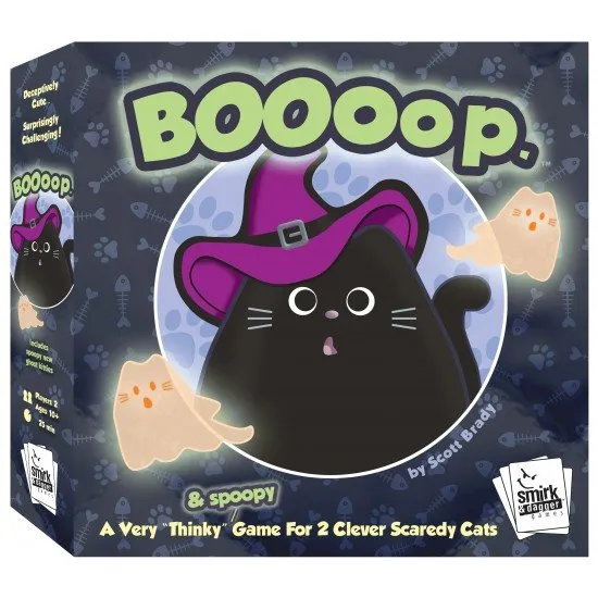 BOOoop Board Game The box art for the BOOoop abstract strategy game, showing a bed playing surface with wooden cat and kitten pieces, and the title in a playful, stylized font.