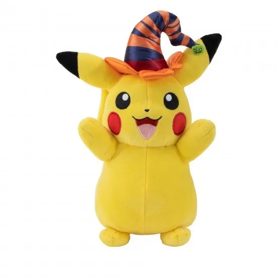 Halloween Pikachu Plush An 8-inch Pokémon Pikachu plush toy wearing a unique witch hat for Halloween. The plush is made from a soft material and has authentic details.