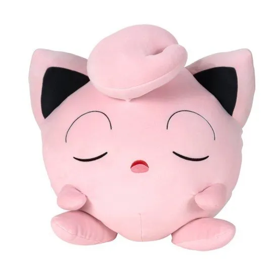 sleeping Jigglypuff Pokémon Plush An 18-inch Pokémon Jigglypuff plush toy, shown in its unique sleeping posture with a soft, rounded shape and pink body.
