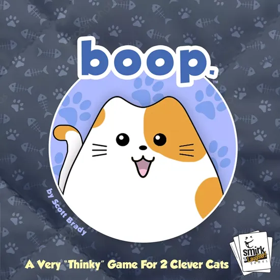 The box art for the boop. abstract strategy game, showing a bed playing surface with wooden cat and kitten pieces, with the title in a playful, stylized font.