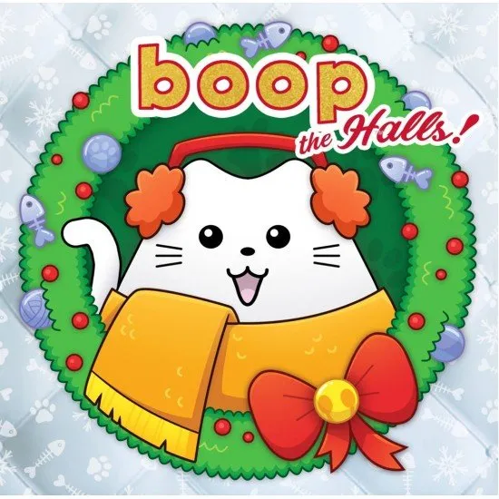 The box art for the boop. the Halls abstract strategy game, showing a tiered Christmas tree board with cats and ornaments on it.