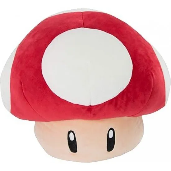 Super Mario Red Mushroom Plush A large, 40cm Super Mario Mocchi Mocchi plush toy of a Red Mushroom from the Mario Kart game series, with a unique squishy texture.