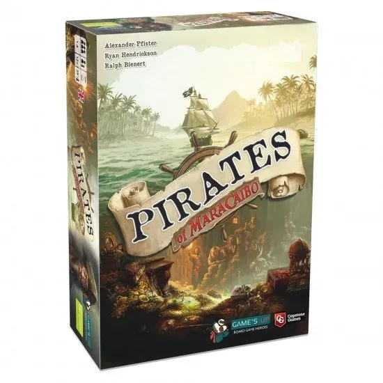 The box art for the Pirates of Maracaibo board game, showing a pirate ship on the high seas with a map in the background.