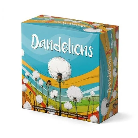The box art for the Dandelions board game, showing dice and seeds floating over a garden landscape.
