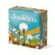 The box art for the Dandelions board game, showing dice and seeds floating over a garden landscape.