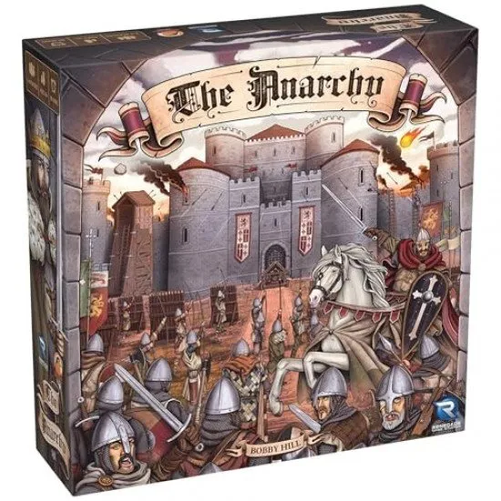 The box art for The Anarchy board game, depicting a medieval castle under siege with knights and war machines in the foreground.