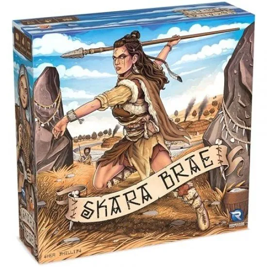 The box art for the Skara Brae board game, showing ancient stone houses and a community of settlers on the Orkney Islands.