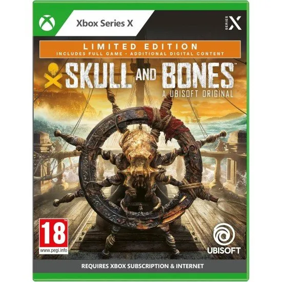 The box art for Skull and Bones Limited Edition on Xbox Series X, featuring a large pirate ship sailing on the ocean under a stormy sky.