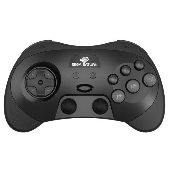 Retro-Bit SEGA Saturn PRO Wireless Controller (black) showing the classic layout, Hall Effect analog sticks, and four shoulder buttons