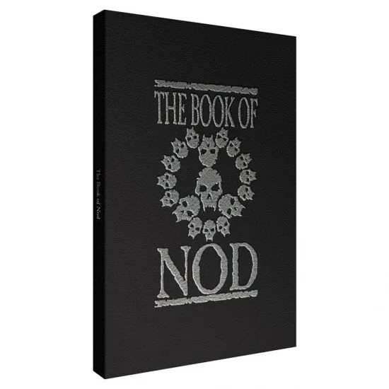 Vampire The Masquerade 5th Edition The Book of Nod cover art showing the faux-leatherbound book with silver foil and gilded pages