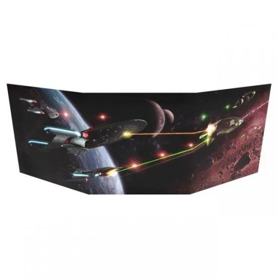 Star Trek Adventures RPG Gamemaster Screen showing the three-panel exterior artwork featuring Starfleet and Romulan ships