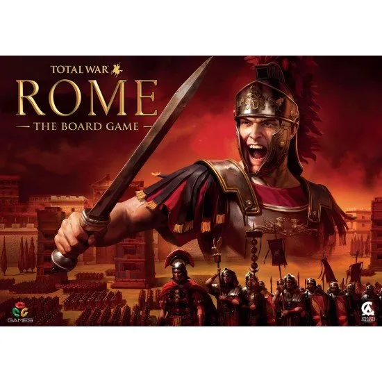 Total War: ROME The Board Game box art showing historical armies clashing over a map of Europe and the Mediterranean
