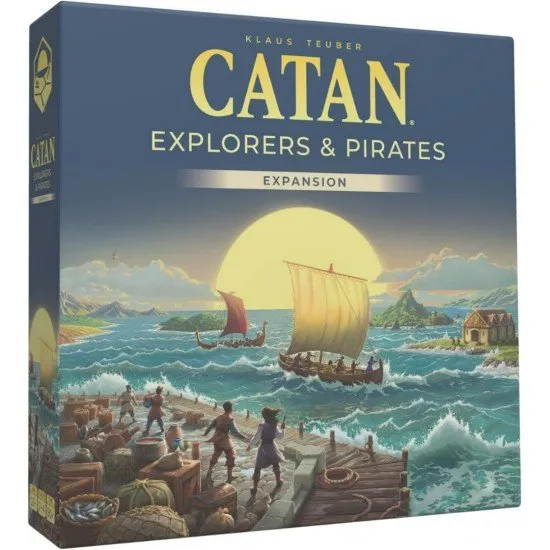 CATAN Explorers & Pirates 6th Edition box art showing ships, settlements on new islands, and perhaps a pirate ship on the sea tiles