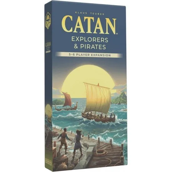 CATAN Explorers & Pirates 5-6 Player Expansion box art showing extra colored ships and game pieces for up to six players