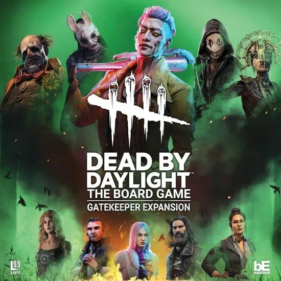 Dead by Daylight The Board Game Gatekeeper Expansion box art featuring new Survivors and a terrifying new Killer in the background