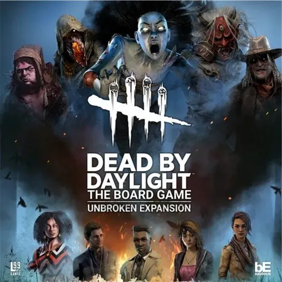 Dead by Daylight The Board Game Unbroken Expansion box art featuring the new Survivors and a terrifying new Killer (The Oni or The Blight)