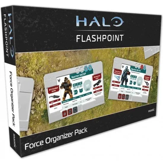 Halo Flashpoint Force Organiser Pack Mantic Games Accessory Halo Flashpoint Force Organiser Pack box art showing the four plastic organizer trays with cards and tokens neatly slotted in (tokens shown for illustration)