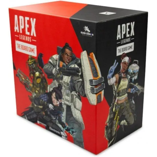 Apex Legends The Board Game Glass Cannon Unplugged Miniatures Apex Legends The Board Game box art showing highly detailed miniatures of various Legends in a tactical battle scene