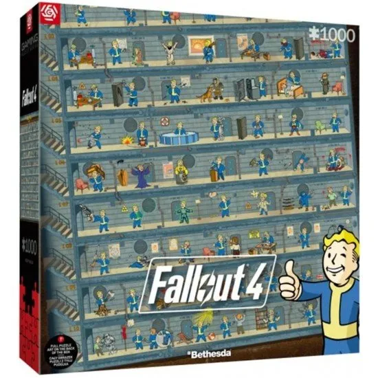 Fallout 4 Perk Poster 1000 Piece Jigsaw Puzzle The box art for the Fallout 4 Perk Poster 1000-piece jigsaw puzzle, featuring the colorful grid of Vault Boy perk illustrations