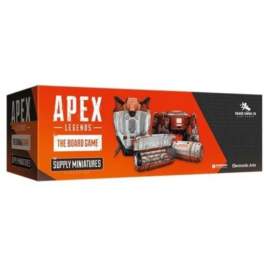 Apex Legends The Board Game Supply Miniatures Glass Cannon Unplugged Expansion Apex Legends The Board Game Supply Miniatures Expansion box art showing the 3D supply crate miniatures and new gear tokens