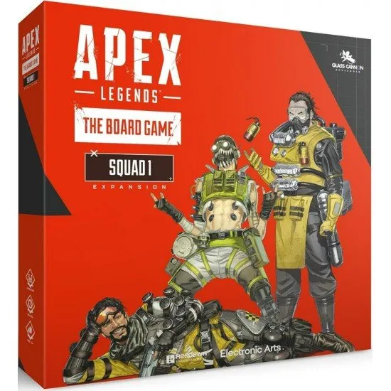 Apex Legends The Board Game Squad 1 Expansion box art showing the miniatures for the six new legends (Caustic, Crypto, Mirage, Octane, Revenant, Wattson) and their abilities