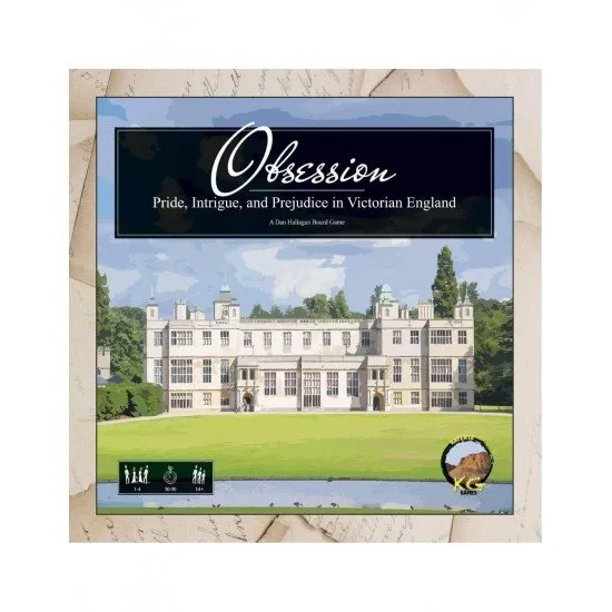Obsession 2nd Edition Kayenta Games Victorian Strategy Board Game Obsession 2nd Edition board game box art showing a Victorian manor house and several aristocratic characters