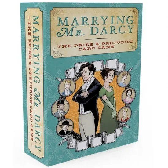 Marrying Mr Darcy card game box and cards featuring Regency-era illustrations of Jane Austen characters