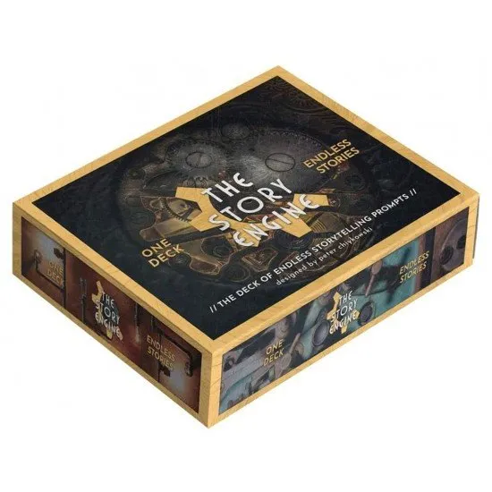 The Story Engine Deck cards arranged to show a story prompt for writing or TTRPG sessions