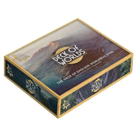 The Story Engine Deck of Worlds box and cards featuring the 6 card types arranged into a micro-setting