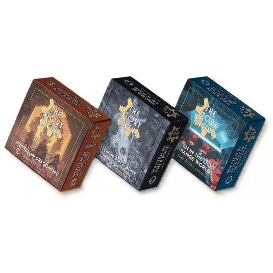 The Story Engine Starter Expansion Set showing the three 60-card decks for Fantasy, Science Fiction, and Horror