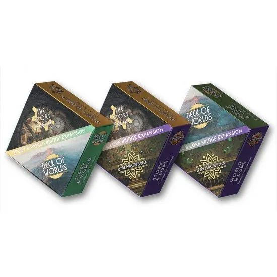 The Story Engine Bridge Expansion Set showing the Story-Lore, World-Lore, and Story-World decks
