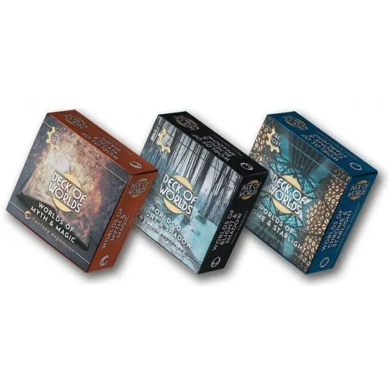 The Story Engine Genre Worldbuilding Expansion Set featuring Myth and Magic, Blight and Shadow, and Chrome and Starlight decks