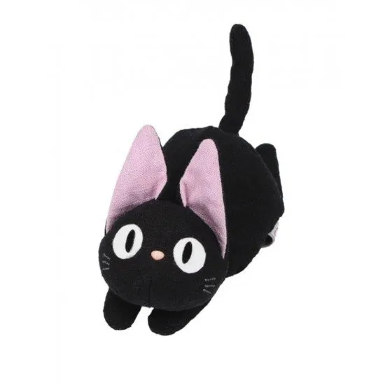 Jiji the black cat beanbag plush sitting upright with a red ribbon and Japanese style fabric texture