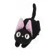 Jiji the black cat beanbag plush sitting upright with a red ribbon and Japanese style fabric texture